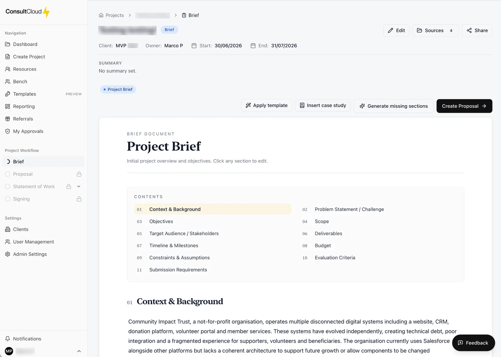 ConsultCloud AI Brief Generation screen