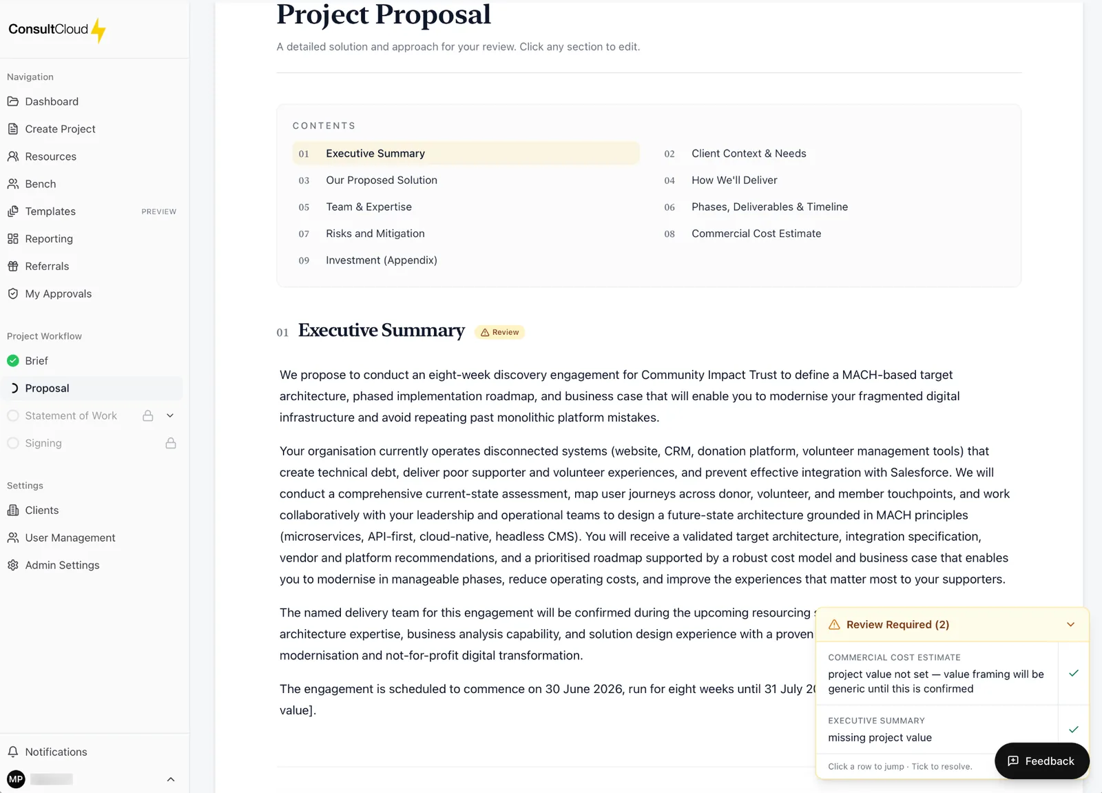 ConsultCloud Proposal Generation screen