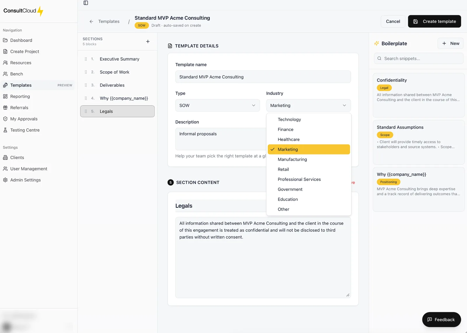 ConsultCloud Template Management screen