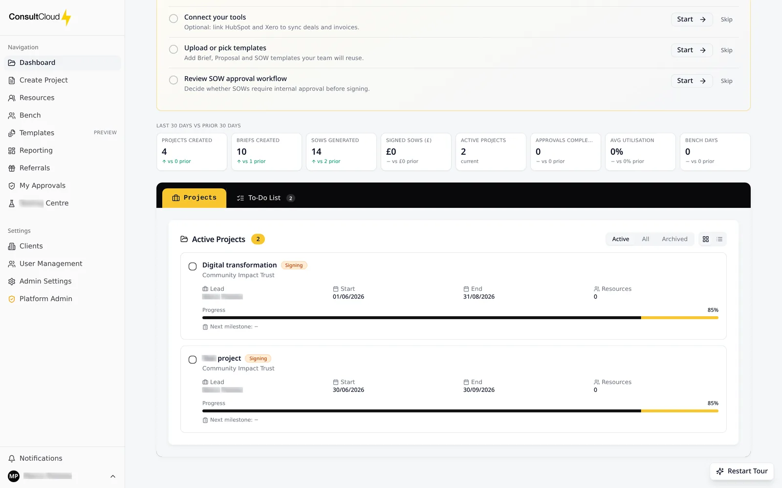 ConsultCloud Project Management screen